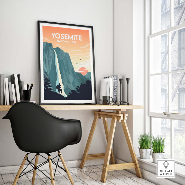 Yosemite National Park poster displayed in a modern interior, featuring minimalist artwork and a scenic landscape.