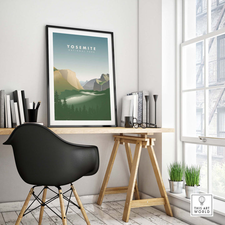 Yosemite National Park art print displayed in a stylish office setting, featuring El Capitan and vintage-inspired design elements.