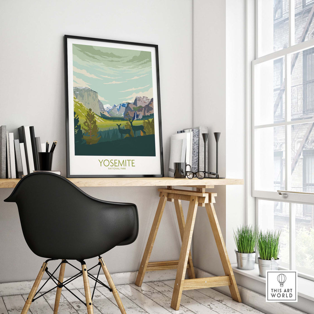 Yosemite National Park Print Poster displayed in a stylish home office with modern decor and natural light.