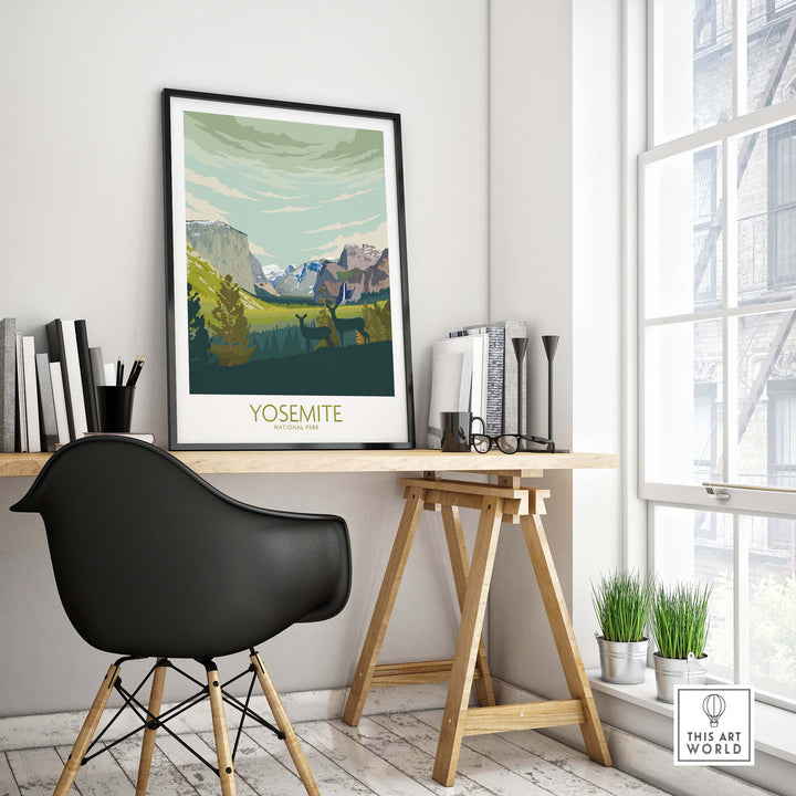 Yosemite National Park Print Poster displayed in a stylish home office with modern decor and natural light.