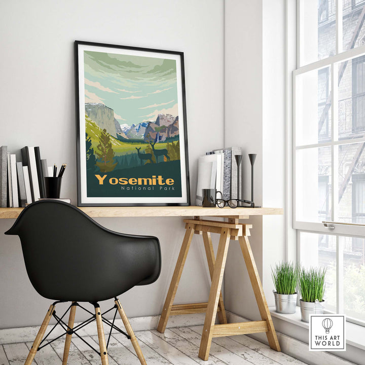 Yosemite National Park poster displayed in a stylish workspace, showcasing vintage travel art and nature inspiration.