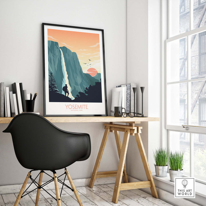 Yosemite National Park art print displayed in a stylish workspace with minimal decor and natural light.