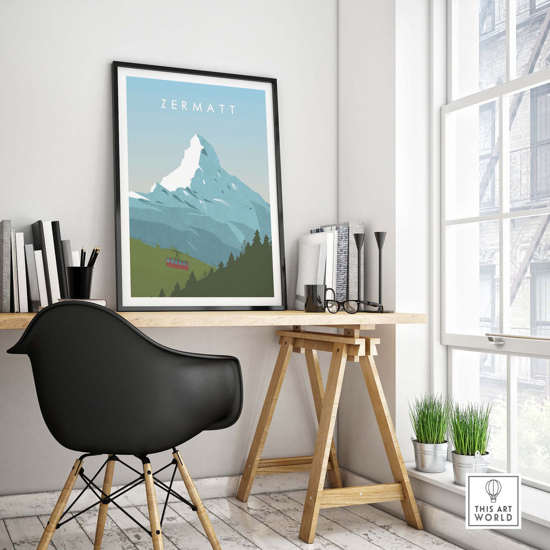 Zermatt Print Wall Art Poster in a stylish modern workspace with mountains and greenery design.