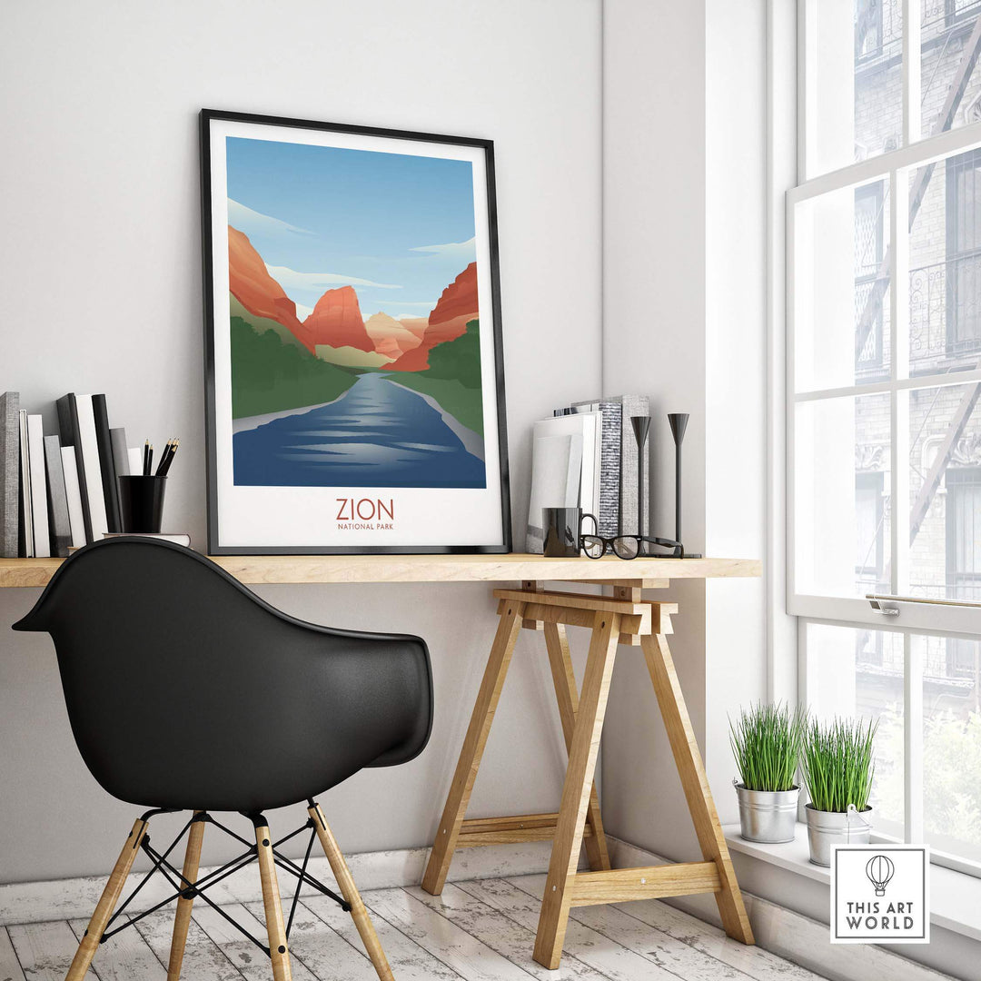 Zion National Park Art Print displayed in a stylish office with minimalist decor and natural light.