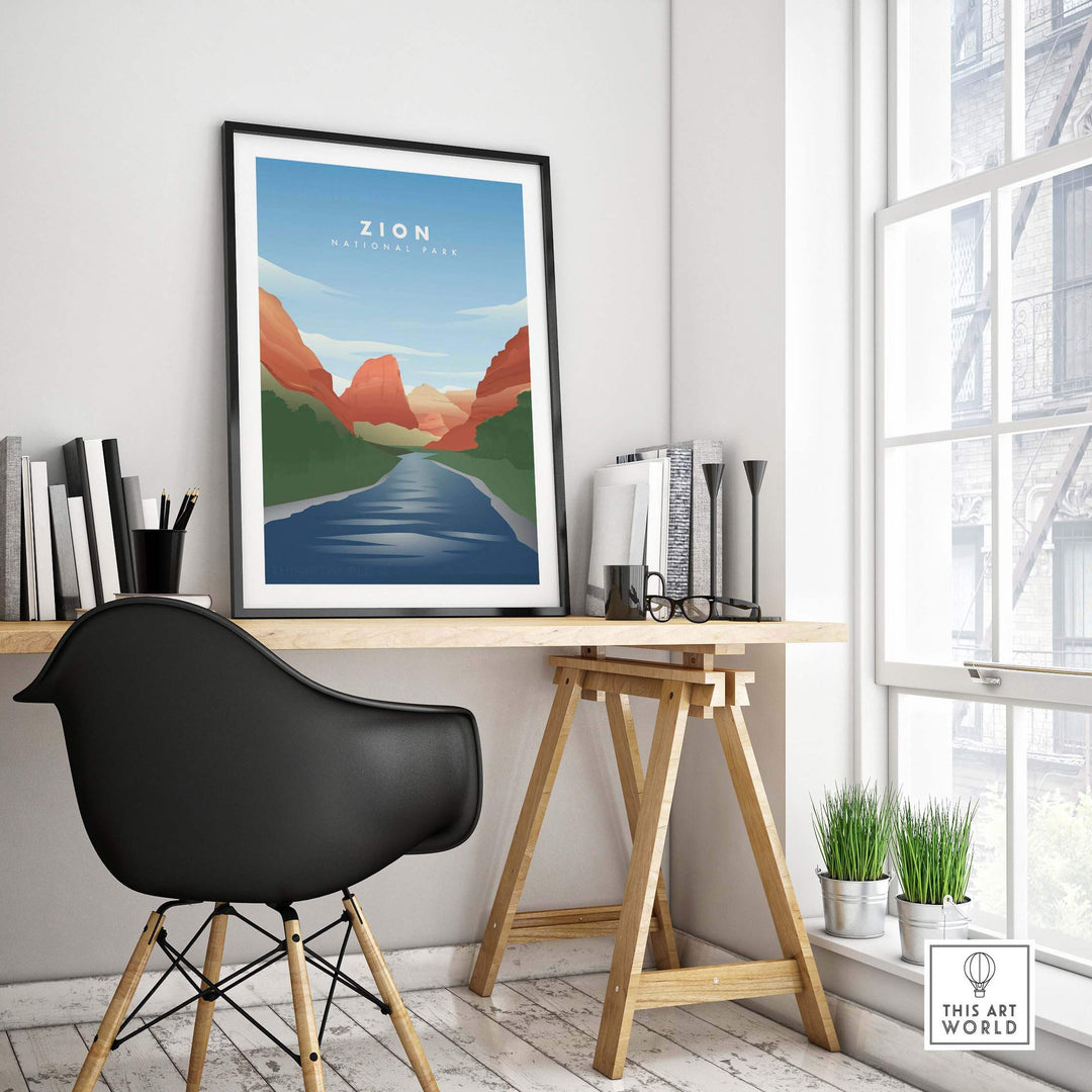 Zion National Park art print featuring Virgin River; stylish wall decor for home or office.