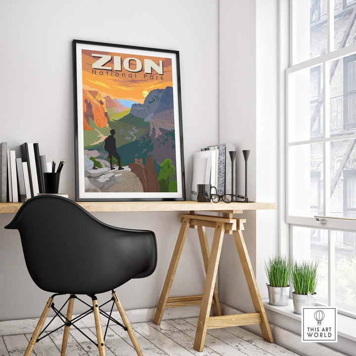 Zion National Park poster print displayed in a stylish office setting, capturing the essence of outdoor adventure.