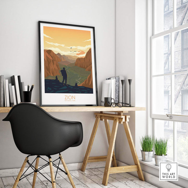 Zion National Park minimalist art print displayed in a stylish office with modern decor.