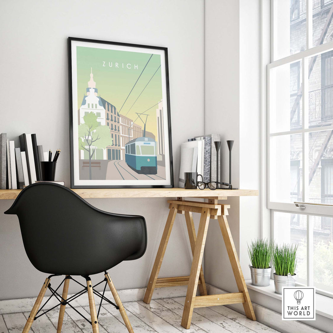 Zurich Print Wall Art Poster in modern office decor with stylish chair and natural light, capturing Swiss travel nostalgia.