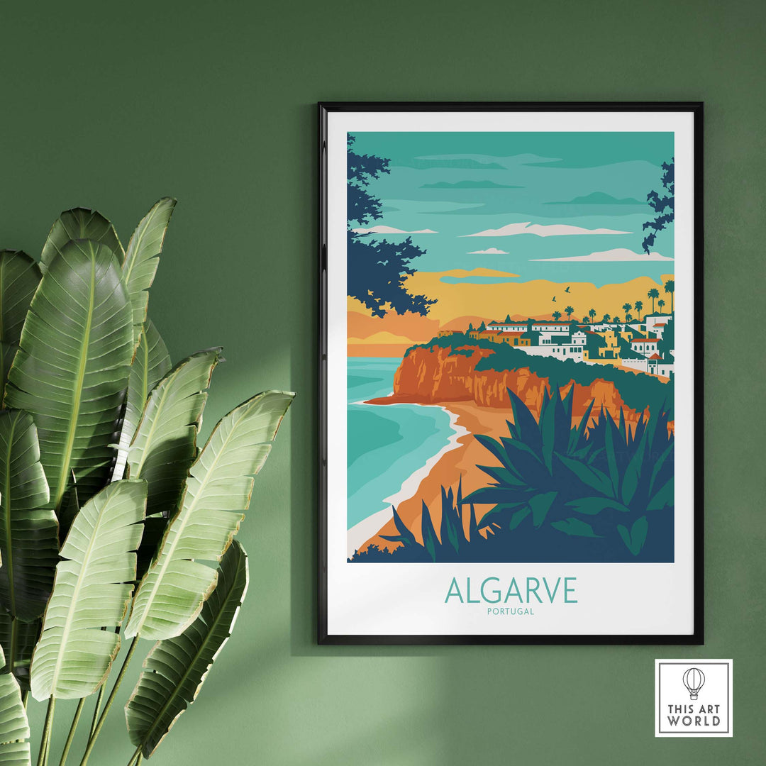 Algarve Print Portugal framed artwork featuring a vibrant coastal landscape and vintage travel poster design.