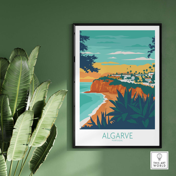 Algarve Print Portugal framed artwork featuring a vibrant coastal landscape and vintage travel poster design.