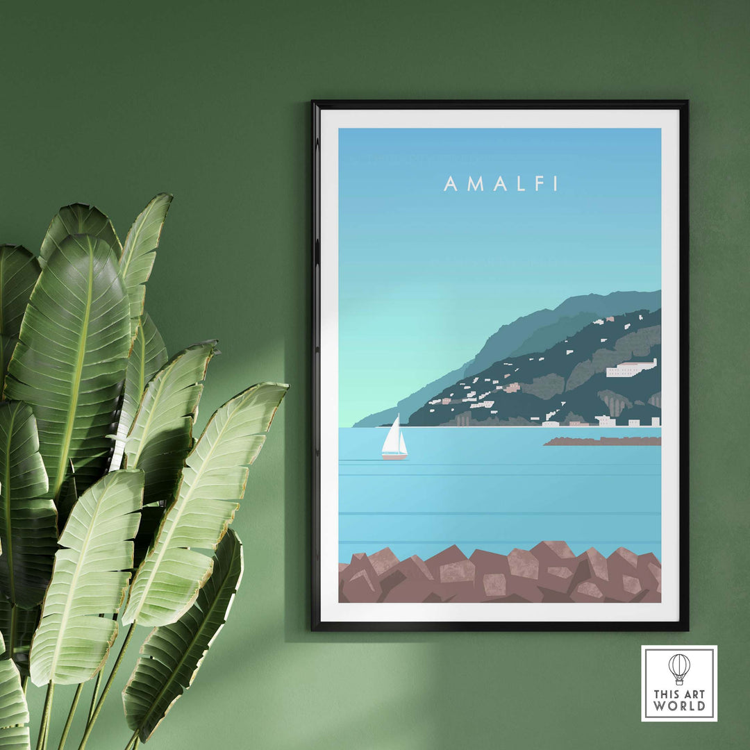 Amalfi Coast Italy print featuring a sailboat, mountains, and blue sky, enhancing home decor with vintage travel art.