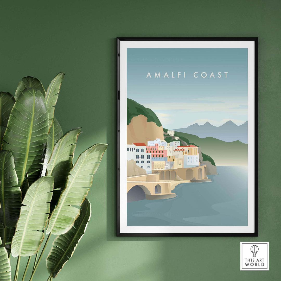 Minimalist Amalfi Coast print artwork framed on a green wall, inspired by vintage travel posters for home decor.