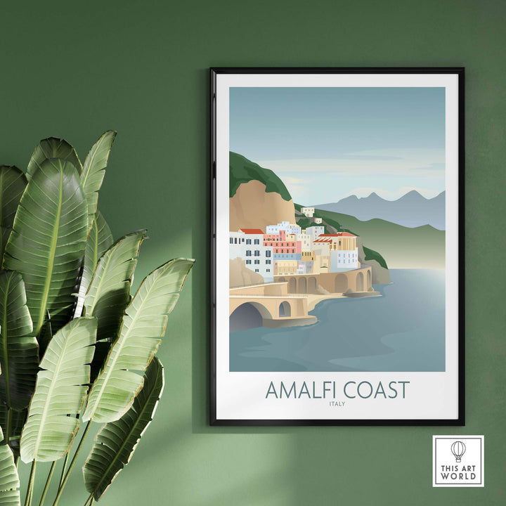 Amalfi Coast wall art print featuring a serene coastal view and vintage design, ideal for travel lovers.
