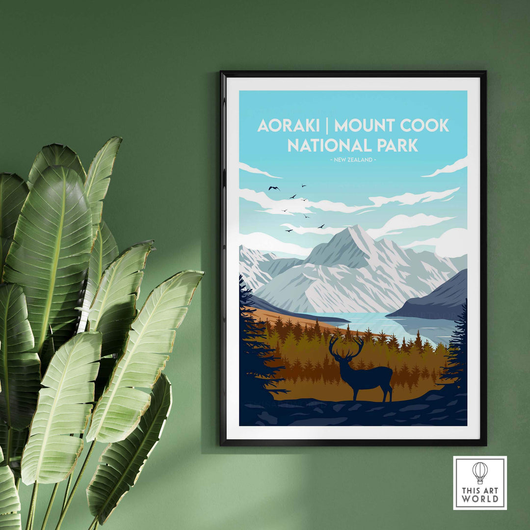 Aoraki Mount Cook National Park vintage travel print, depicting mountains and a deer in New Zealand, framed artwork.