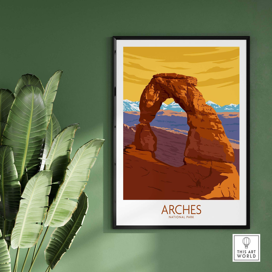 Arches National Park poster print showcasing Delicate Arch with vibrant colors, ideal for home or office decor.