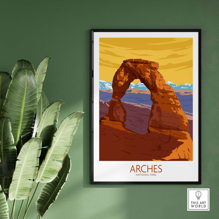 Arches National Park poster print showcasing Delicate Arch with vibrant colors, ideal for home or office decor.