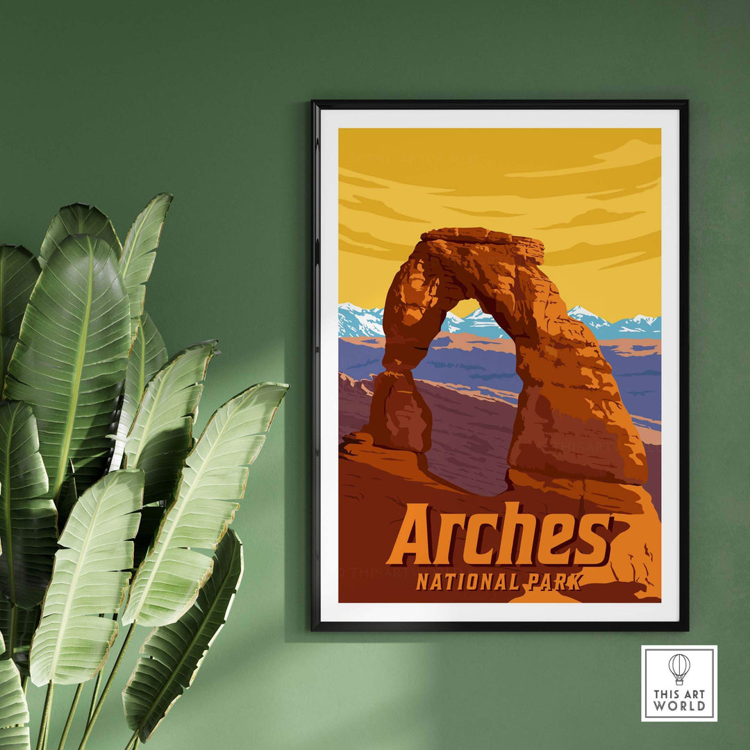 Vintage-inspired Arches National Park print showcasing iconic rock formations, perfect for home or office decor.