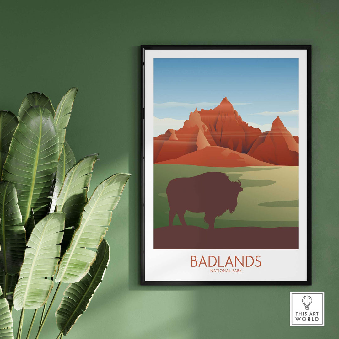 Badlands National Park art print featuring bison and colorful landscapes, framed on a green wall.