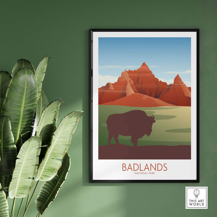 Badlands National Park art print featuring bison and colorful landscapes, framed on a green wall.