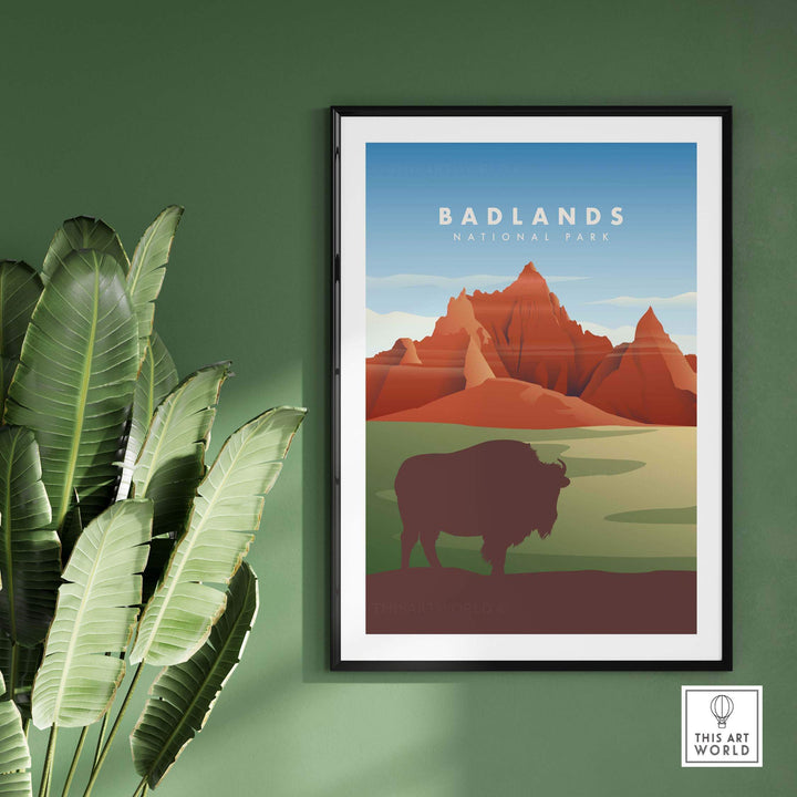 Framed Badlands National Park art print featuring a bison and vibrant landscape on a green wall.
