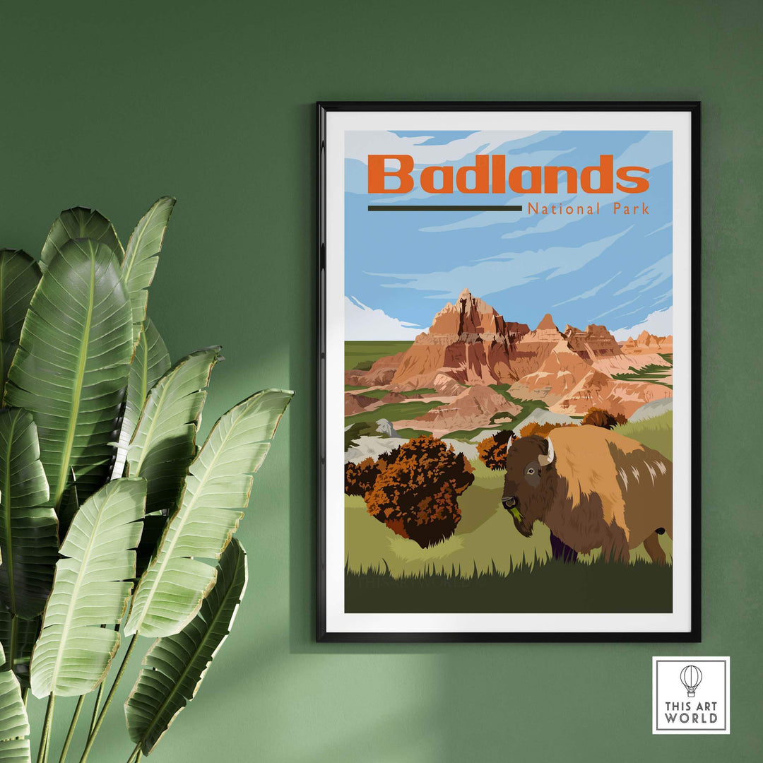 Vintage Badlands National Park poster print featuring bison and dramatic landscape, perfect for home or office decor.