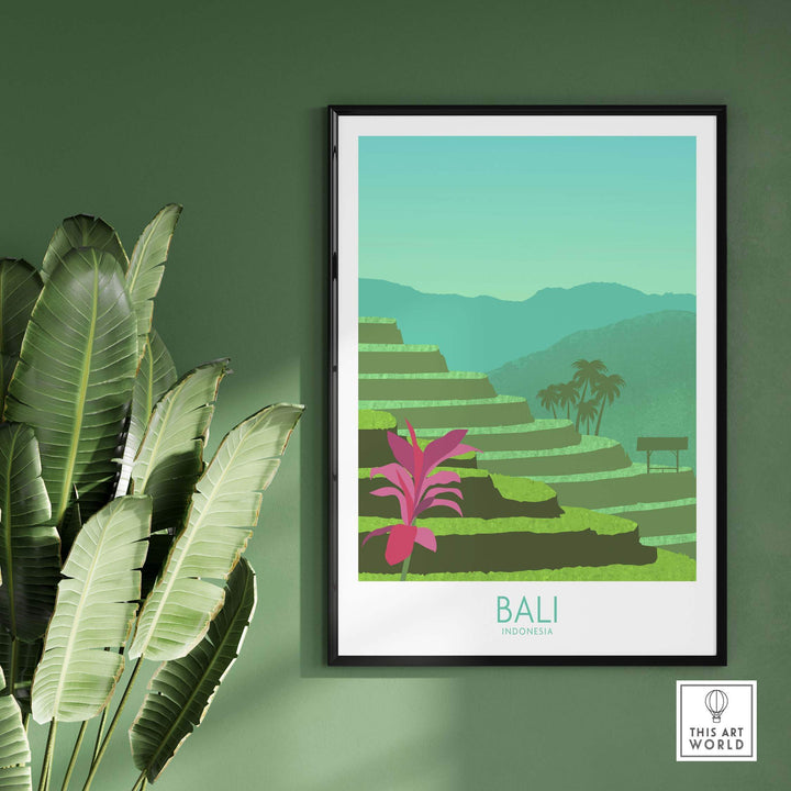 Bali wall art print featuring vibrant terraced landscapes and tropical plants, perfect for home decor.