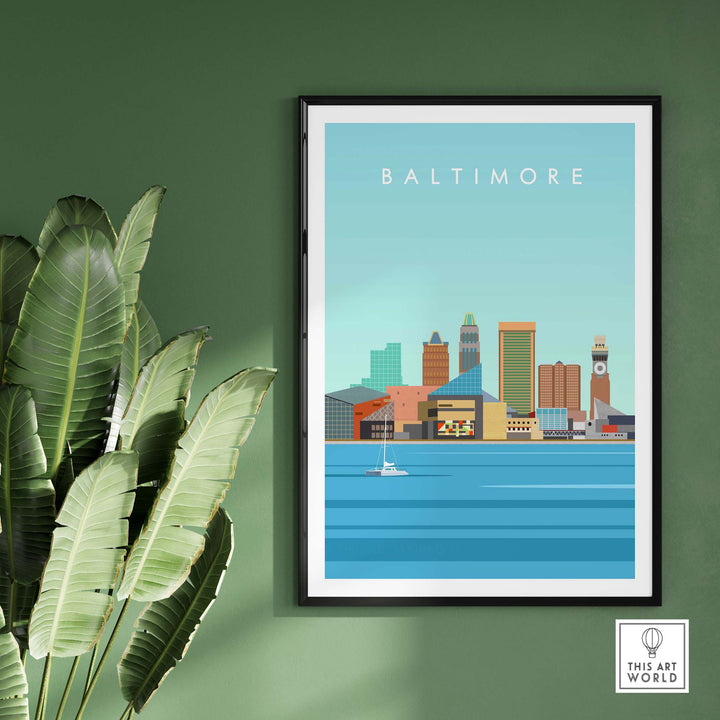 Baltimore Maryland print in minimalist style, showcasing the city skyline against a blue background.