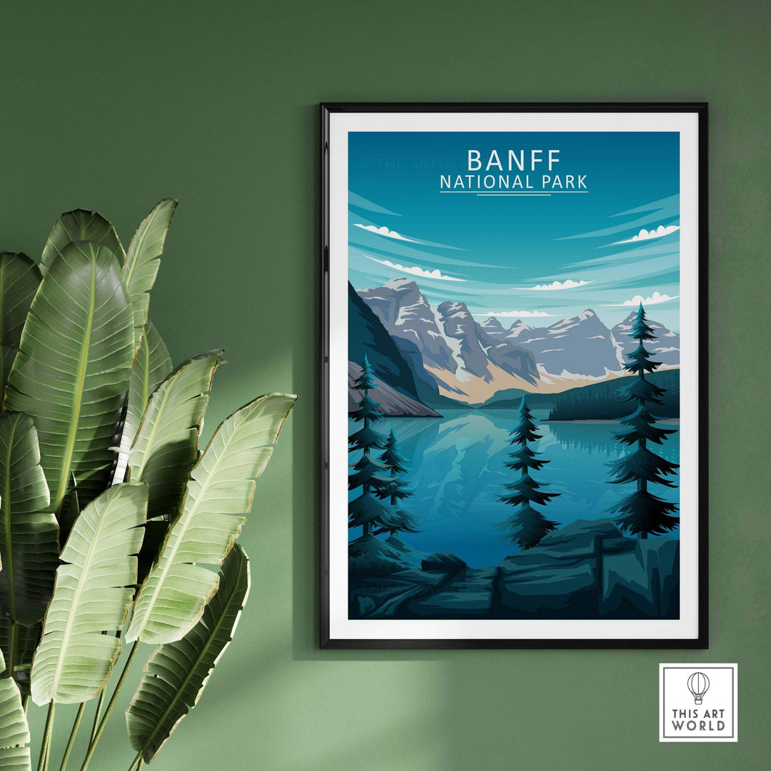 Framed Banff National Park art print showcasing mountains and lake, perfect for home or office decor.