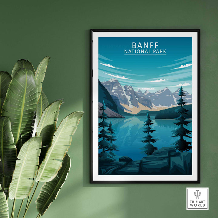 Framed Banff National Park art print showcasing mountains and lake, perfect for home or office decor.
