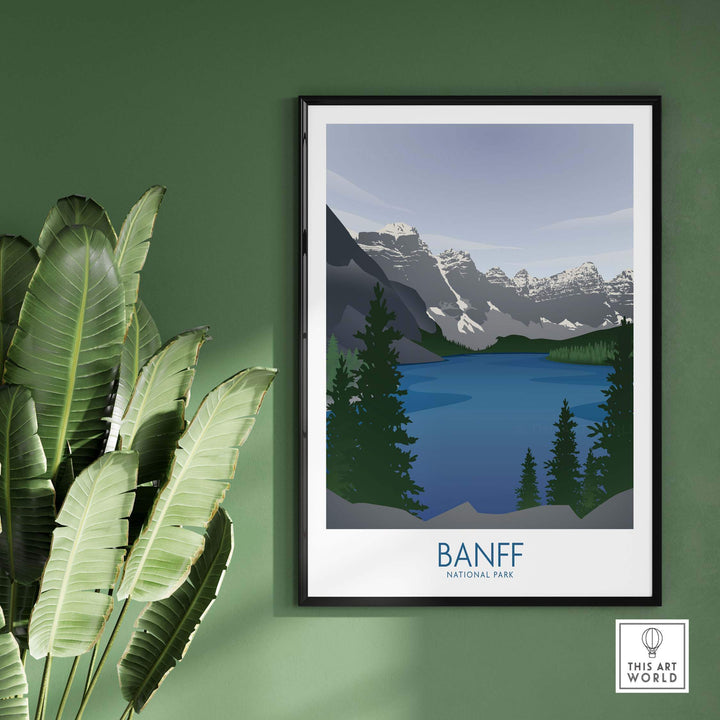 Banff National Park Art Print featuring serene mountains and lake, perfect for nature lovers and home decor.