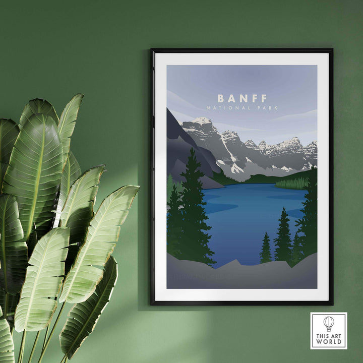 Framed Banff National Park art print displaying mountains and lake, perfect for travel enthusiasts and stylish home decor.