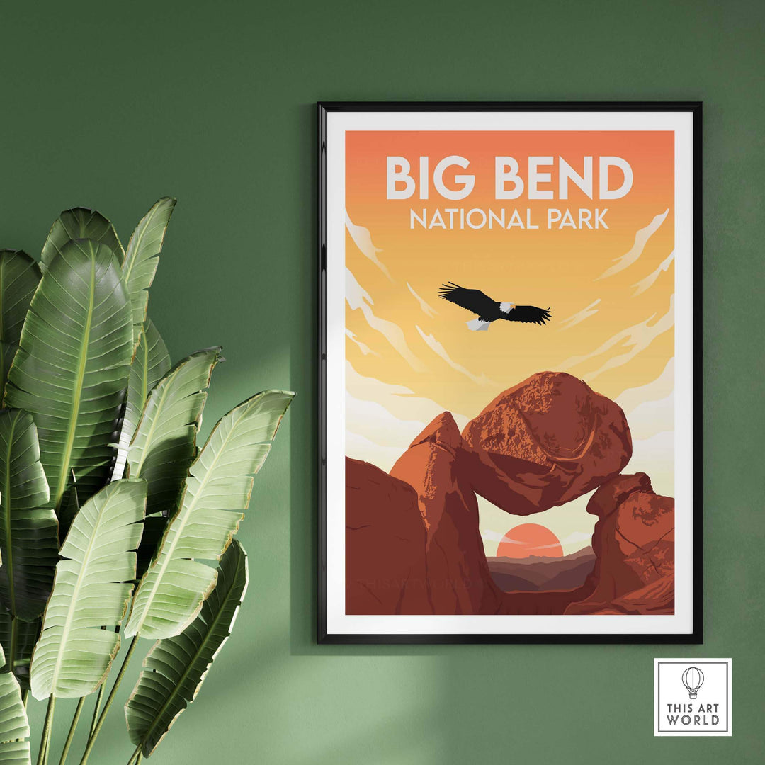 Big Bend National Park poster featuring a soaring eagle and desert landscape on a stylish green wall.