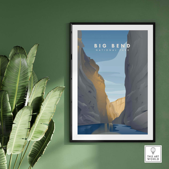 Big Bend National Park art print framed on green wall, featuring minimalist mountain landscape with river.