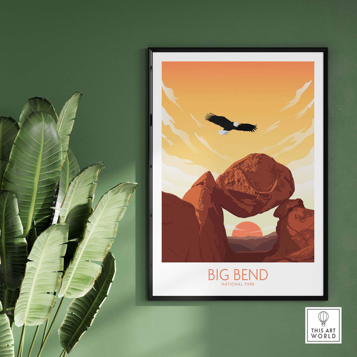 Big Bend National Park poster art print featuring a minimalist design with sunset and eagle, ideal for home decor.