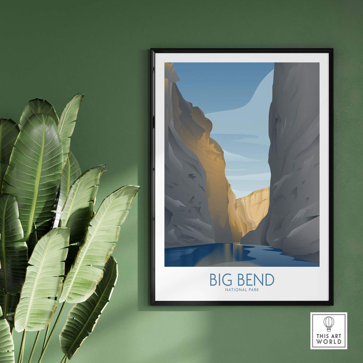 Big Bend National Park art print featuring minimalist design framed on a green wall with tropical plant.
