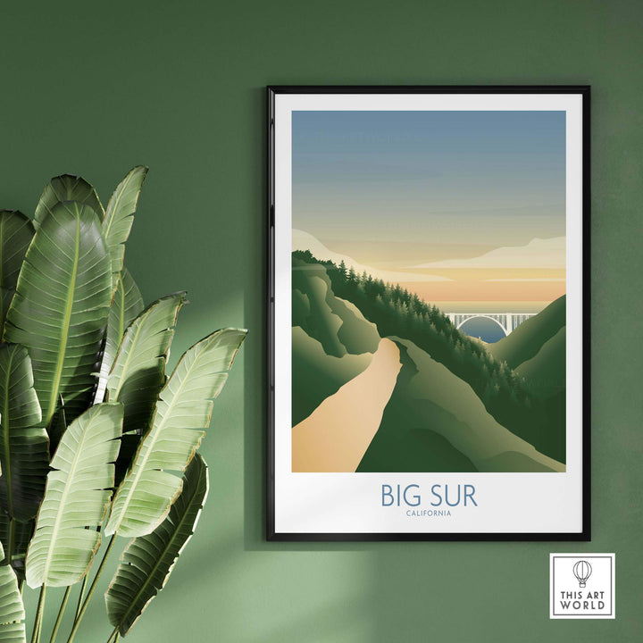 Big Sur California art print featuring a minimalist design of mountains and a bridge, perfect for home or office decor.