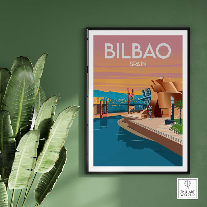 Framed Bilbao Spain Art Print featuring a minimalist design of the city alongside green foliage.