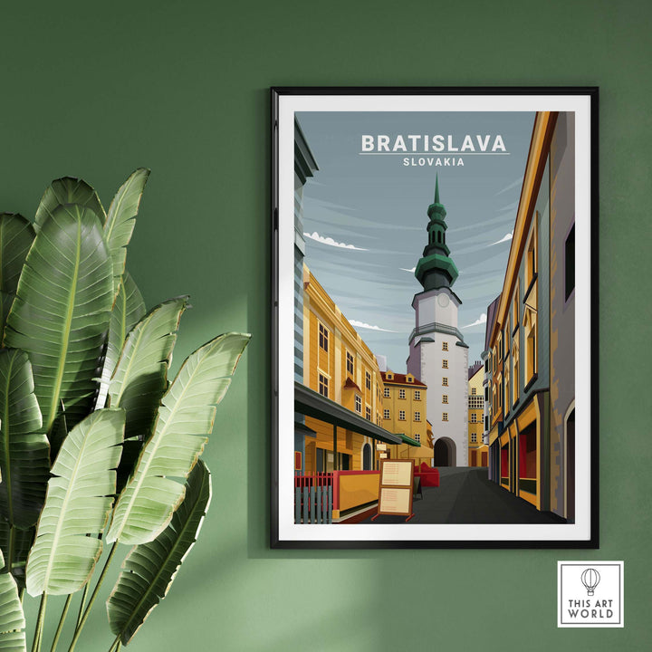 Bratislava poster art featuring a vintage style illustration of Slovakia's architecture.