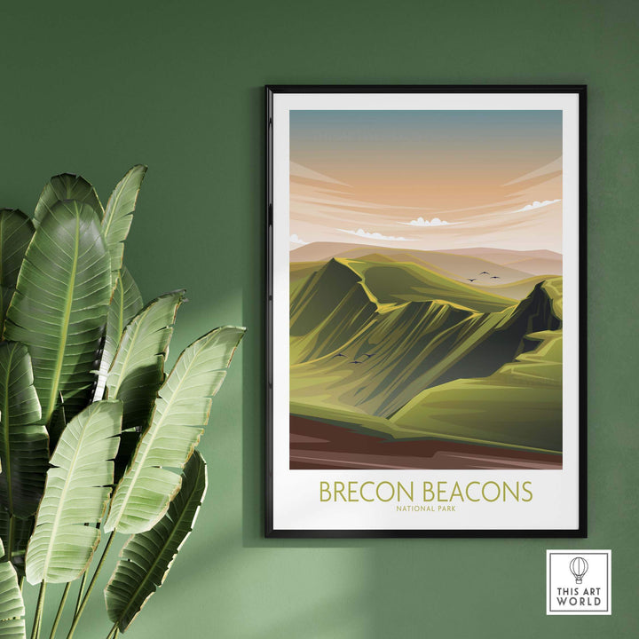 Brecon Beacons National Park poster art print on a green wall, featuring minimalist landscape design.