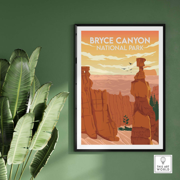 Bryce Canyon National Park poster in a minimalist style, framed art print on green wall with plants.
