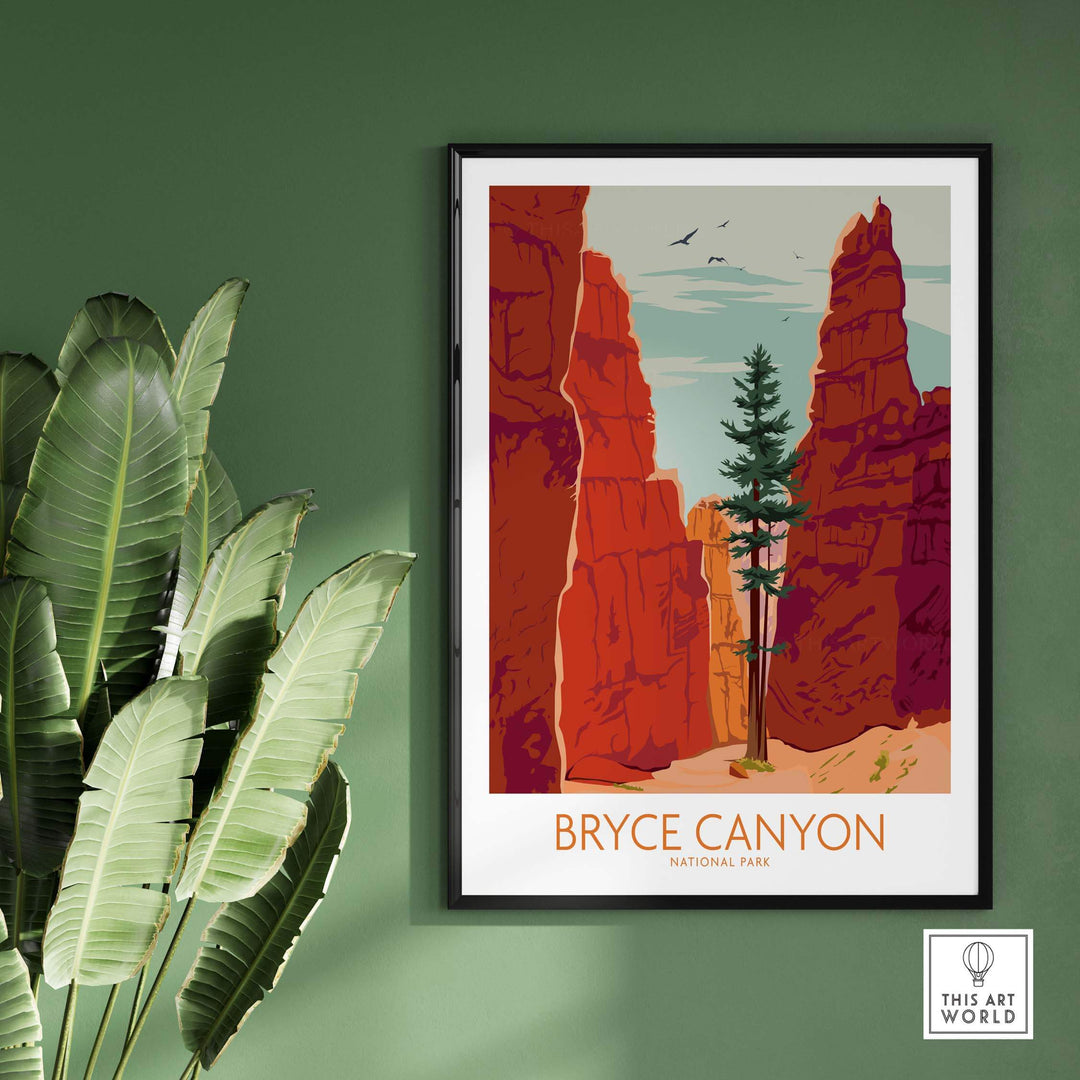 Framed Bryce Canyon Poster Print showcasing vibrant red cliffs and a green pine tree, perfect for home or office decor.
