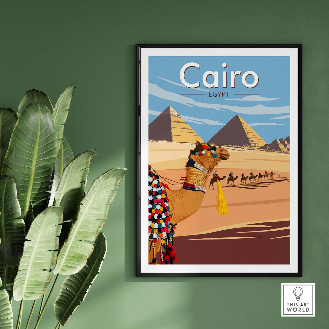 Cairo Wall Art Print featuring a camel and pyramids, inspired by vintage travel posters, on a stylish green wall.
