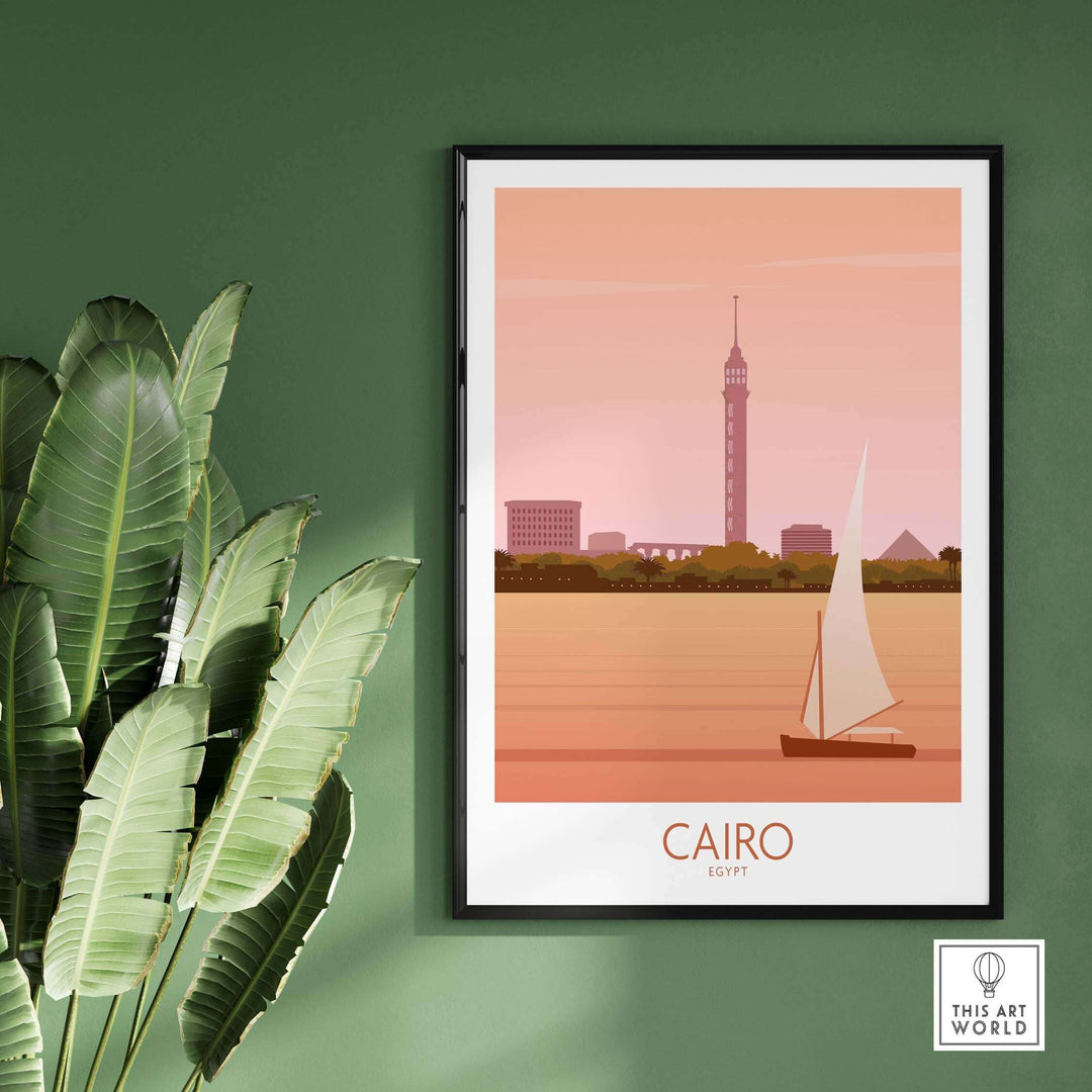 Cairo travel poster print featuring Nile River, city skyline, and vintage artwork in stylish frame.