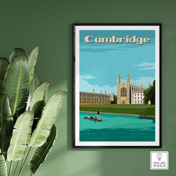 Cambridge vintage poster print showcasing King's College and the River Cam, ideal wall art for home or office decor.