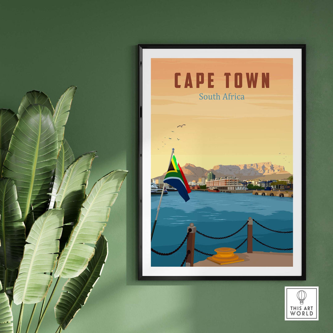 Cape Town travel poster print featuring a scenic view of the harbor and mountains, framed and displayed on a green wall.