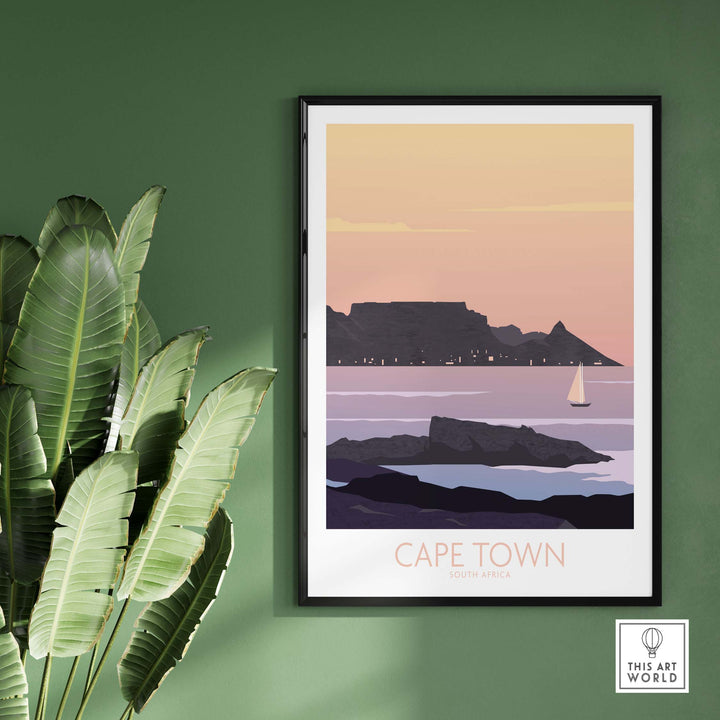 Cape Town Poster Print featuring Table Mountain and a sailboat, ideal for travel-themed home decor.