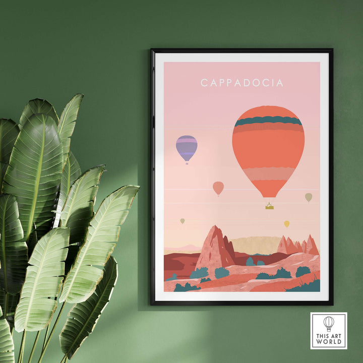 Cappadocia print wall art poster featuring hot air balloons against a desert landscape on a green wall.