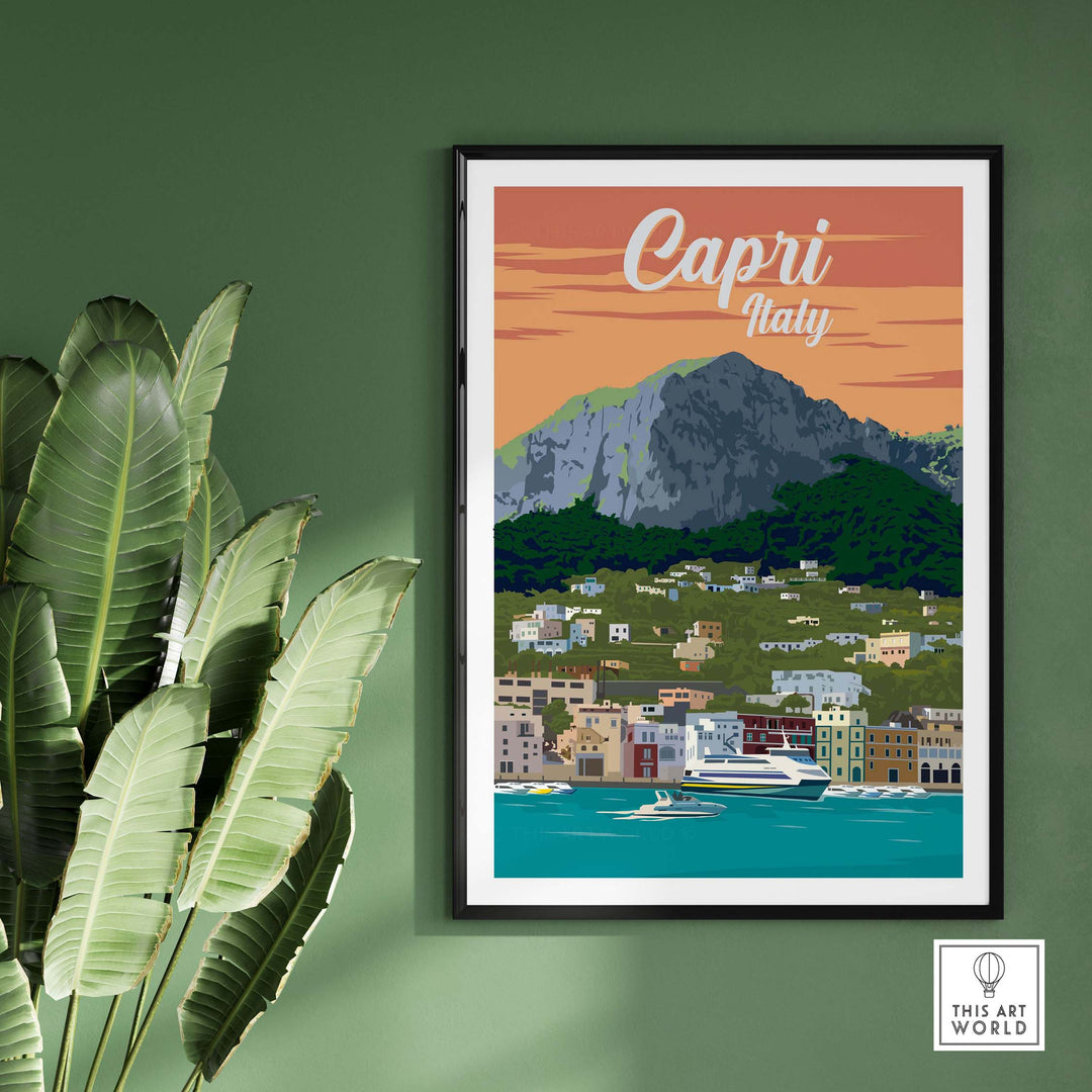 Capri Italy vintage travel poster print wall art featuring coastal scenery and iconic mountain backdrop.