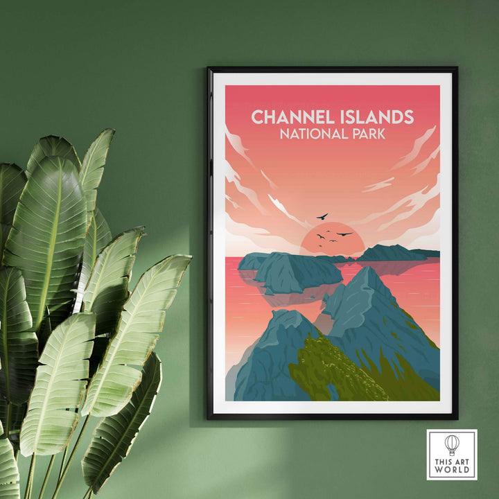 Channel Islands National Park print poster with minimalist design and sunset backdrop, perfect for home decor.