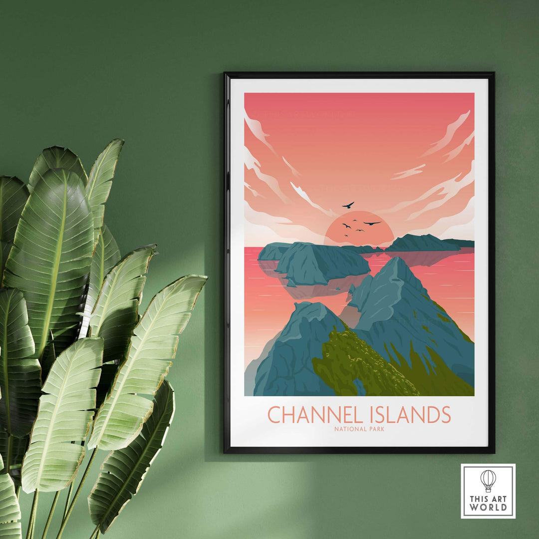 Channel Islands National Park poster featuring minimalist design of mountains and sunset.